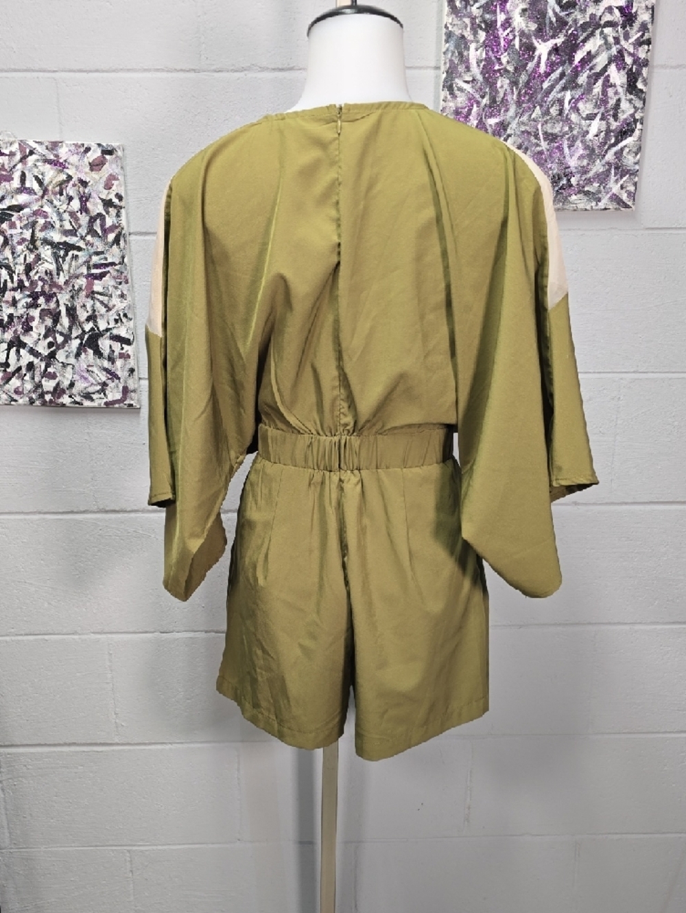 Fashion Nova Olive & Cream V-Neck Short Romper - Picture 6 of 9